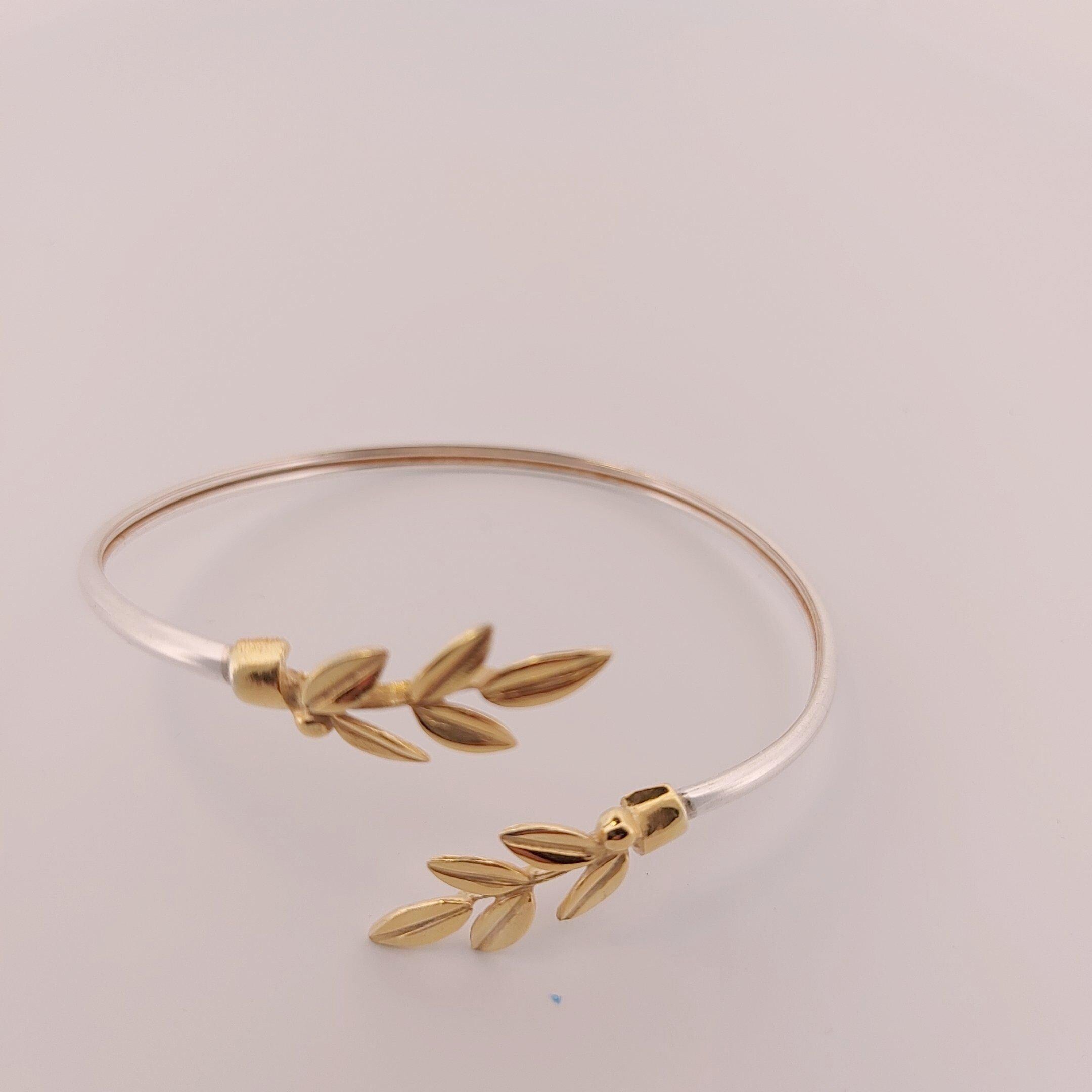Olive Leaf Bracelet, Silver and Gold Plated Bangle, Greek Inspired Design, Leaf Motif