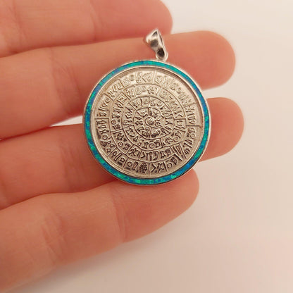 Sterling Silver Phaistos Disc Pendant: Blue Opal Inlay, Ancient Greek Design