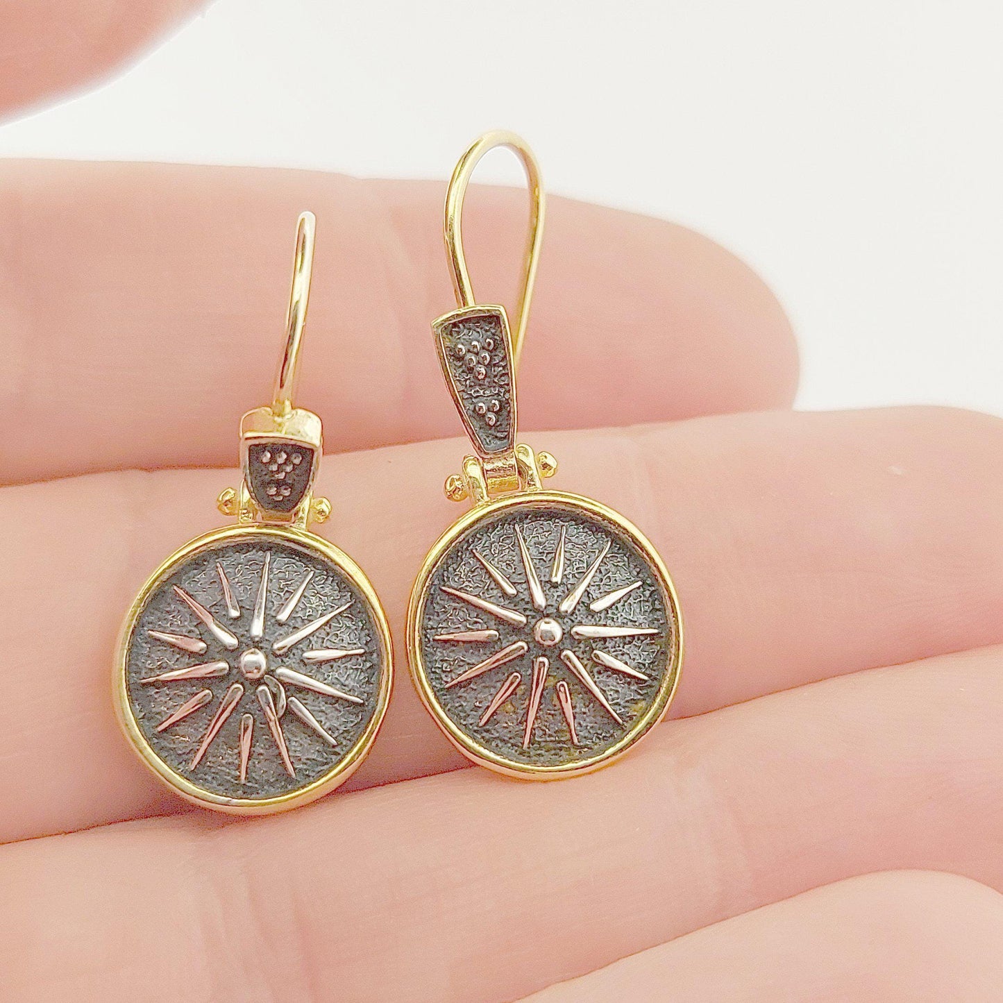 Macedonian Star Dangle Earrings, Silver Gold Plated, Vergina Sun Design, Ancient Greek Style