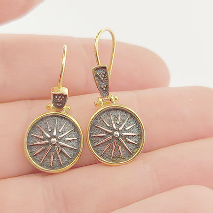 Macedonian Star Dangle Earrings, Silver Gold Plated, Vergina Sun Design, Ancient Greek Style
