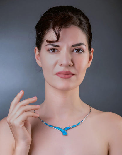 Sterling Silver 925 Blue Opal Collar Necklace, Greek-Inspired Design