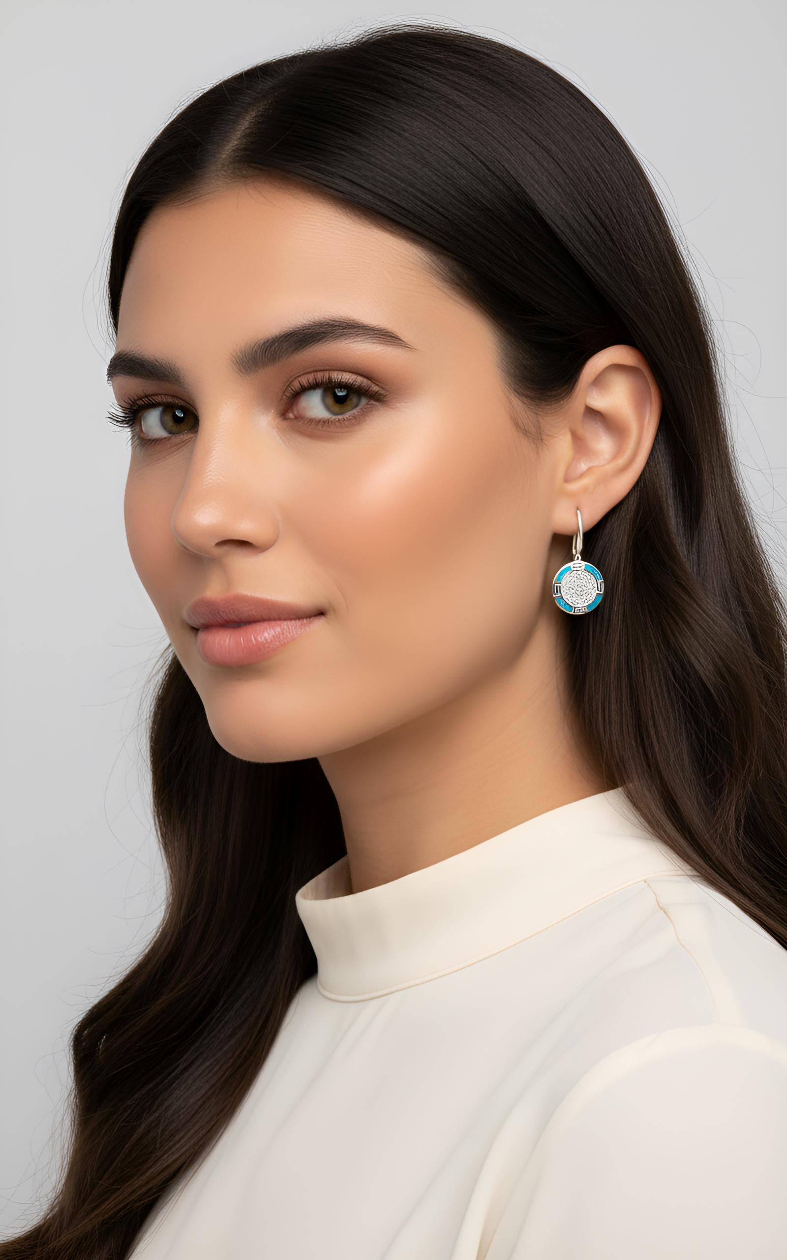 Blue Opal Phaistos Disc Earrings: Sterling Silver Greek Meander Dangle