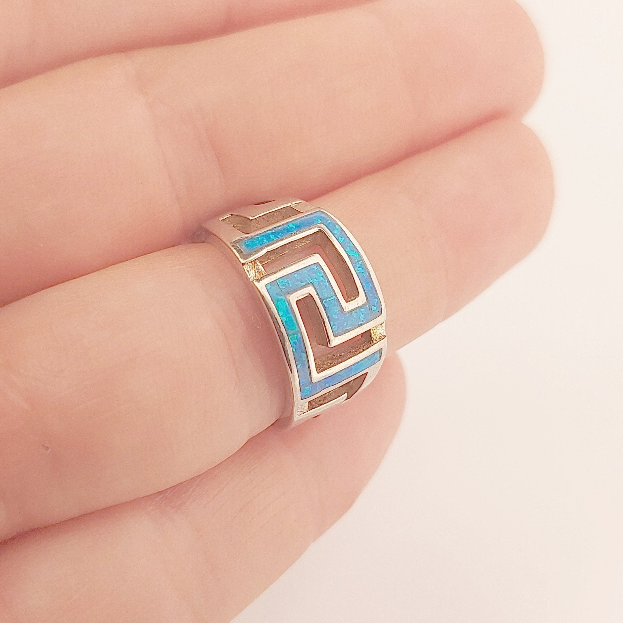 Sterling Silver Ring, Greek Key Meander Design with Blue Opal Inlay, Statement Ring