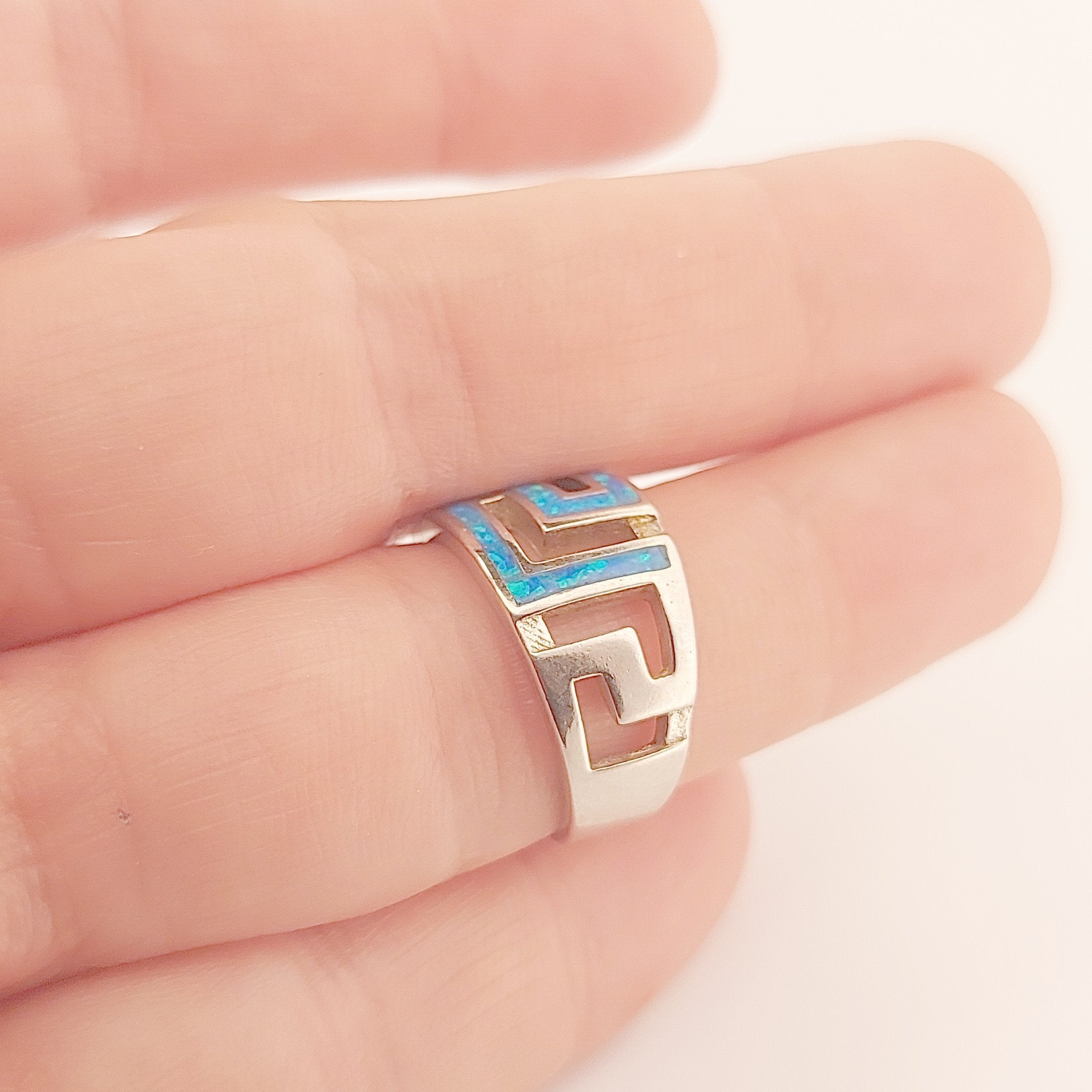 Sterling Silver Ring, Greek Key Meander Design with Blue Opal Inlay, Statement Ring