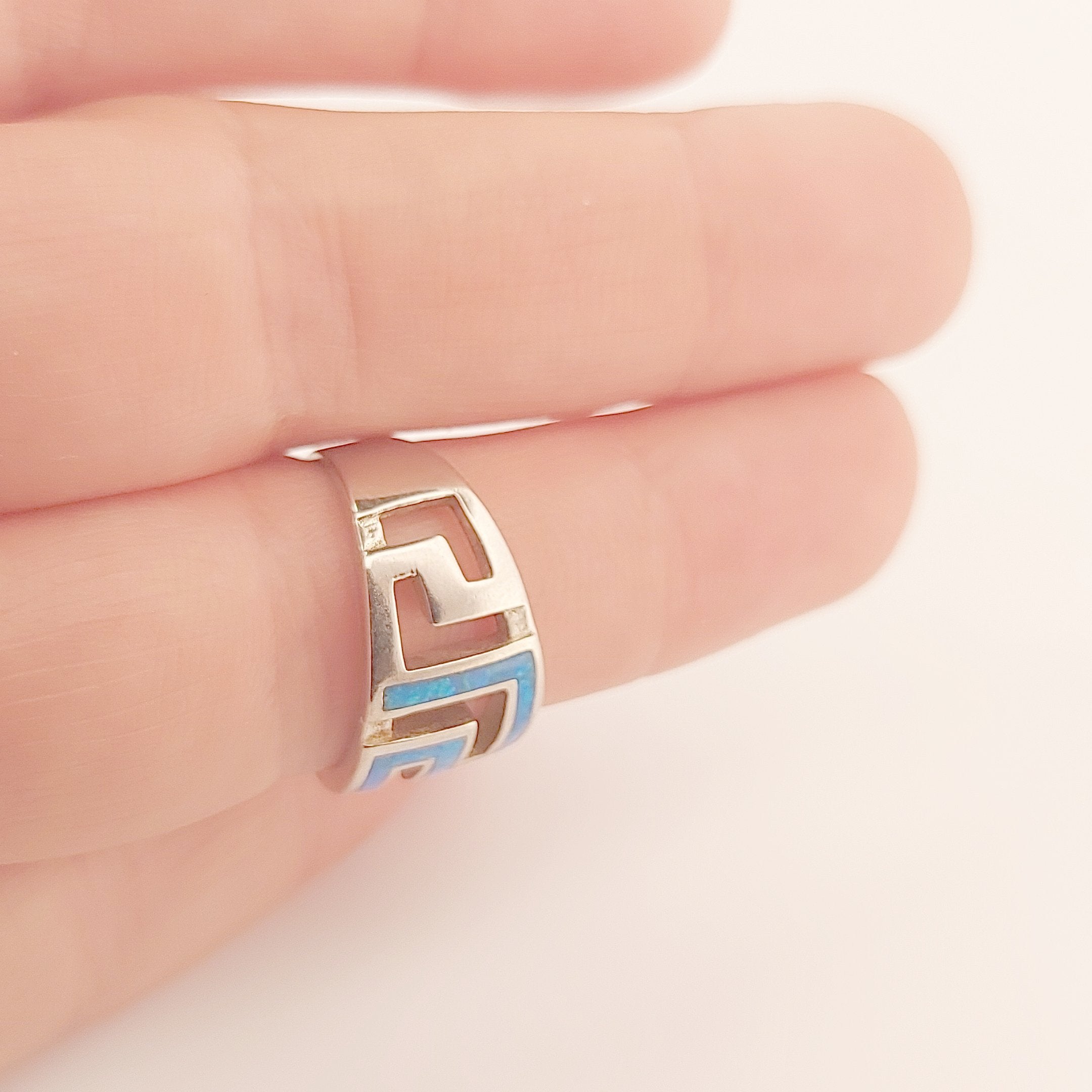 Sterling Silver Ring, Greek Key Meander Design with Blue Opal Inlay, Statement Ring