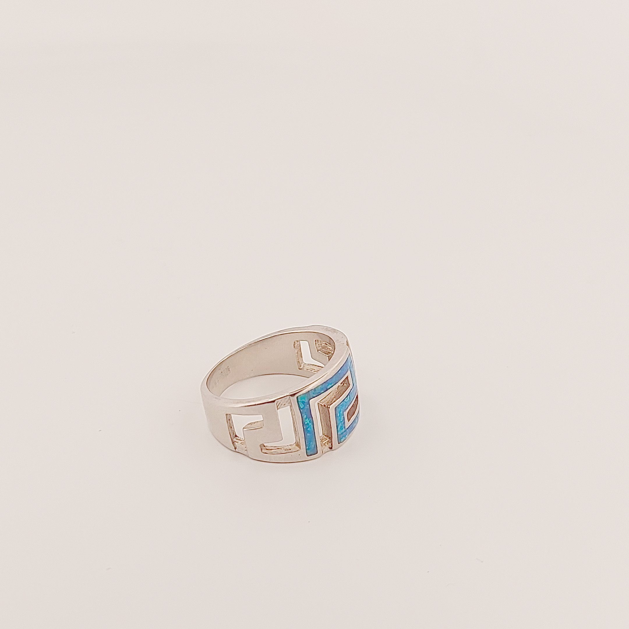 Sterling Silver Ring, Greek Key Meander Design with Blue Opal Inlay, Statement Ring
