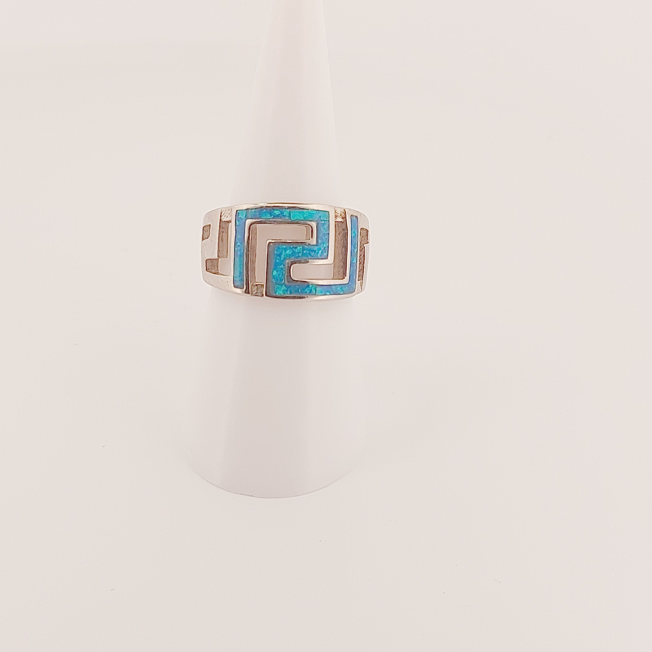 Sterling Silver Ring, Greek Key Meander Design with Blue Opal Inlay, Statement Ring